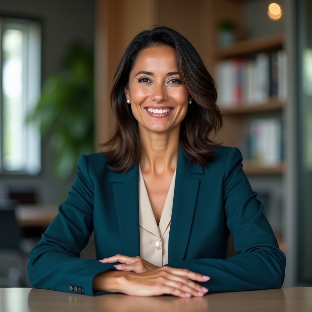 Consultora financiera principal, mujer de cuarenta años, vestimenta profesional, expresión cálida