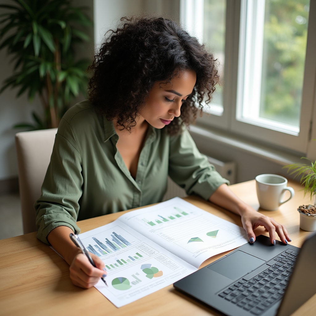 Financial consultant reviewing detailed household budget spreadsheets at a clean desk