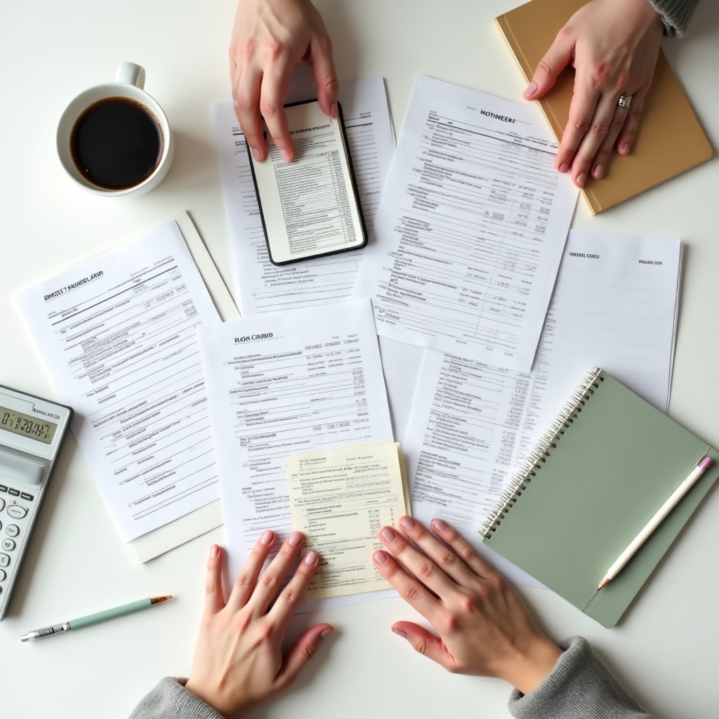 Persona organizando papeles financieros y estados de cuenta de tarjetas de crédito en un escritorio, entorno tranquilo y enfocado