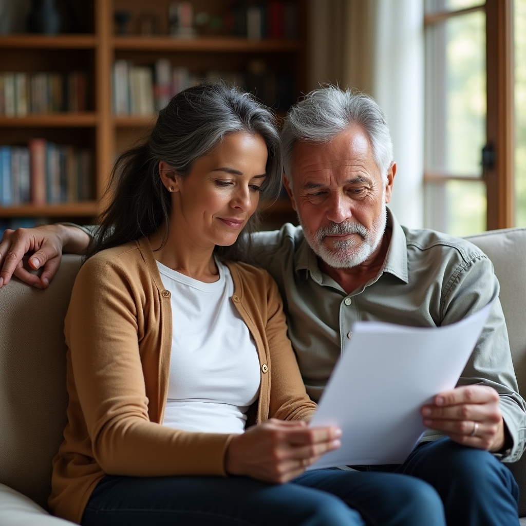 Pareja en sus cincuenta revisando documentos de planificación financiera en un entorno hogareño cómodo, expresiones reflexivas