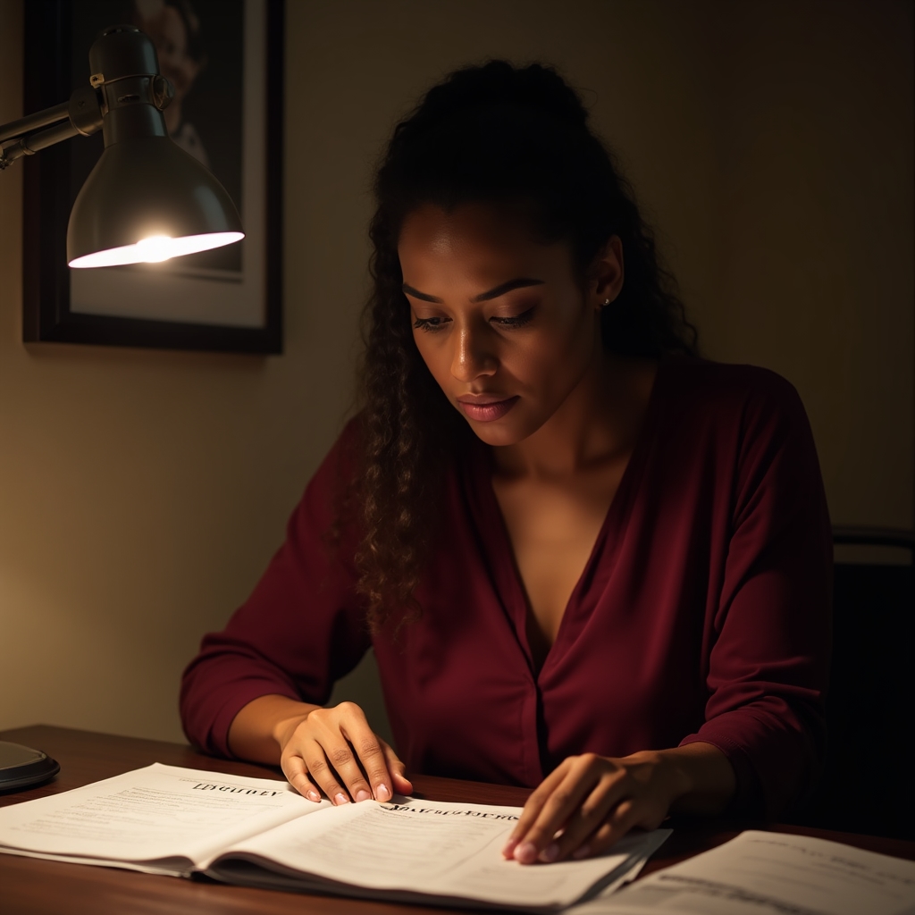 Madre soltera en escritorio revisando facturas y documentos financieros, expresión concentrada, entorno de oficina en casa