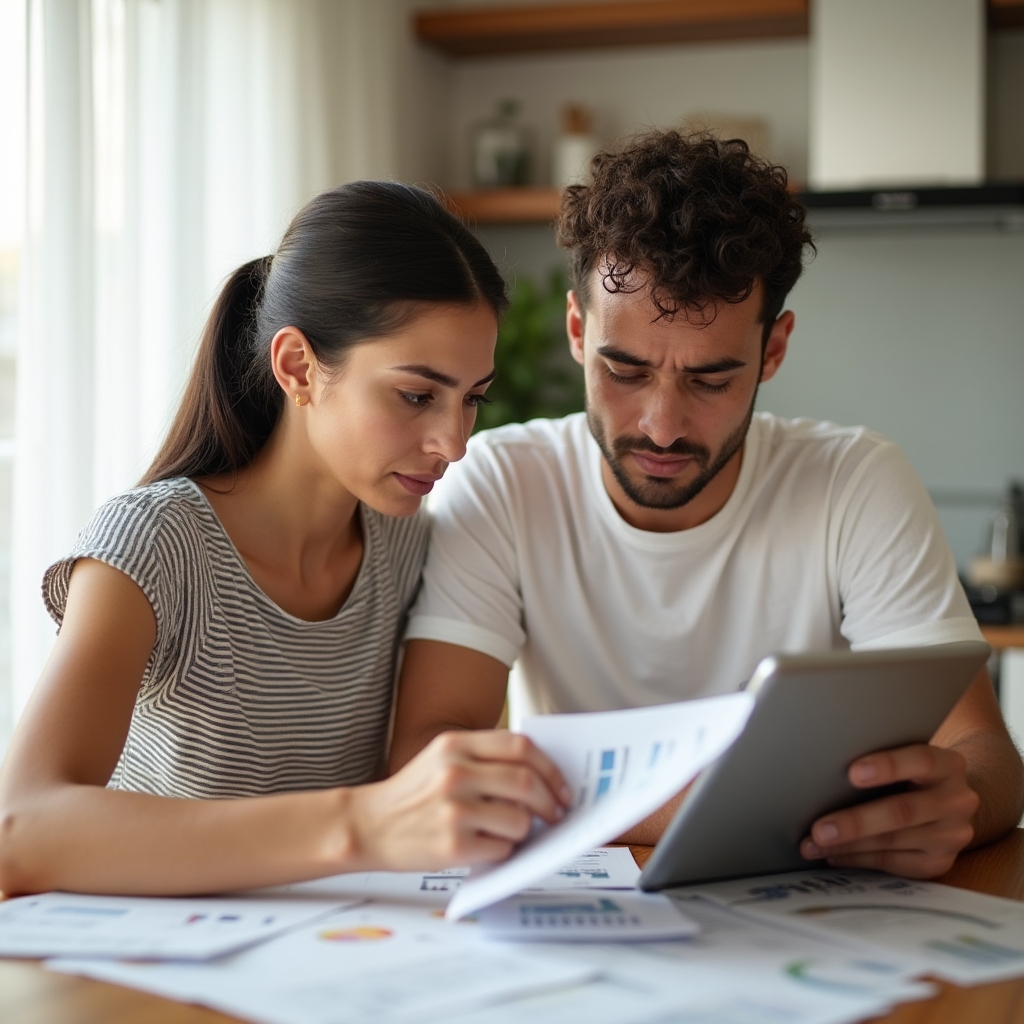 Pareja joven revisando documentos financieros juntos en la mesa de la cocina, planeando su presupuesto doméstico