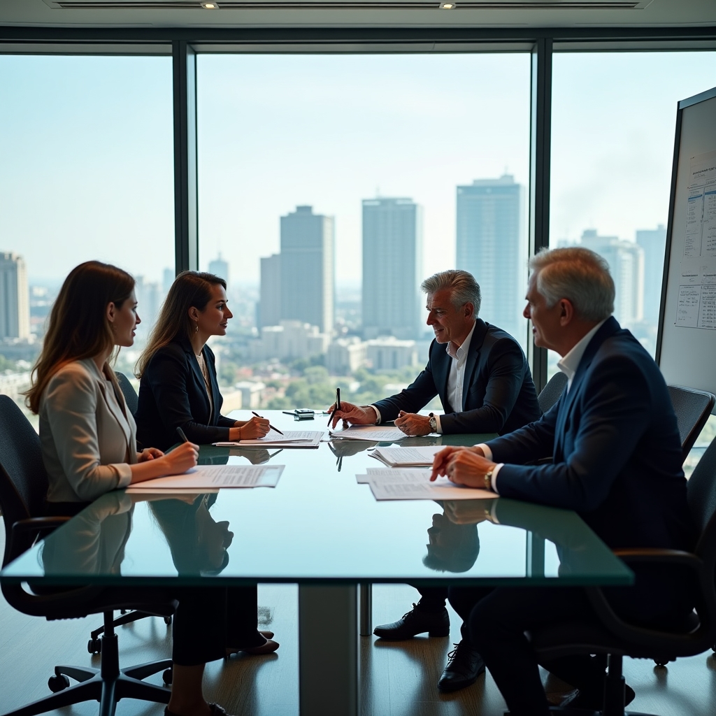 Equipo de consultoría Kredavario en sala de juntas moderna revisando documentos financieros juntos